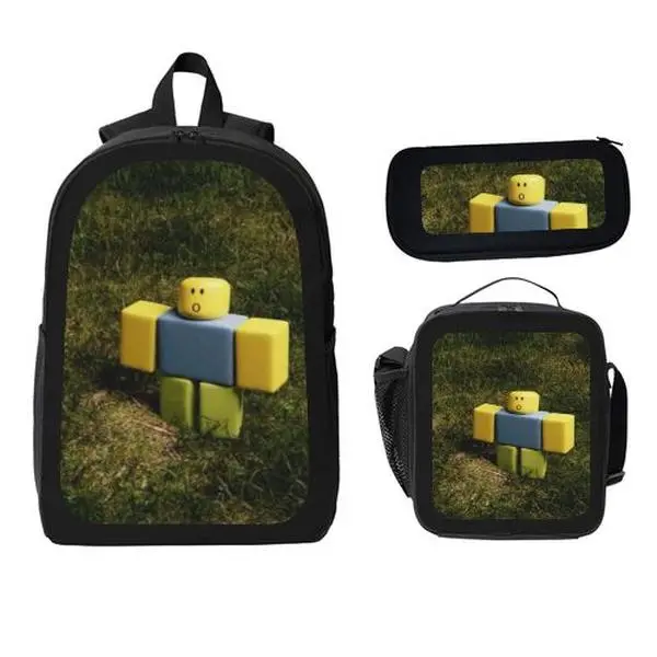 Kids' 3-Piece Gaming-Inspired Roblox Character Print Polyester School Backpack Set, Childrens Bag with Insulated Lunch Box, Pencil Case, Padded Straps, Neon Letters, Zipper Closure, Multiple Pockets for Back to School Use