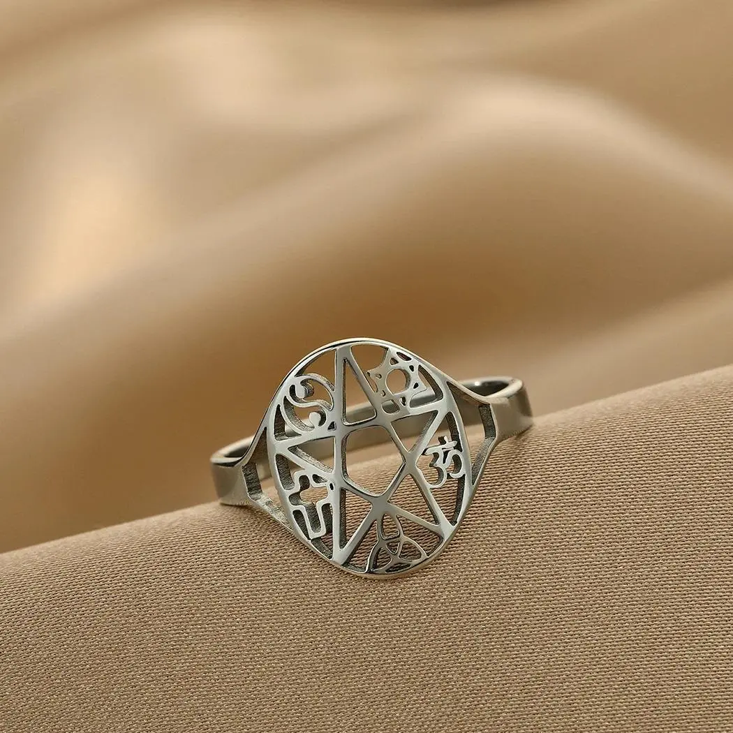 Unisex Superior Quality Stainless Steel Pentacle Star Engagement Ring - Anti-Rust Engraved Geometric Boho Jewelry with Witch Knot, OM, Tetragrammaton, Tai Ji Talisman - Gold-Silver Gothic Fantasy Alternative Costume Accessory (Reasonable Pricing)
