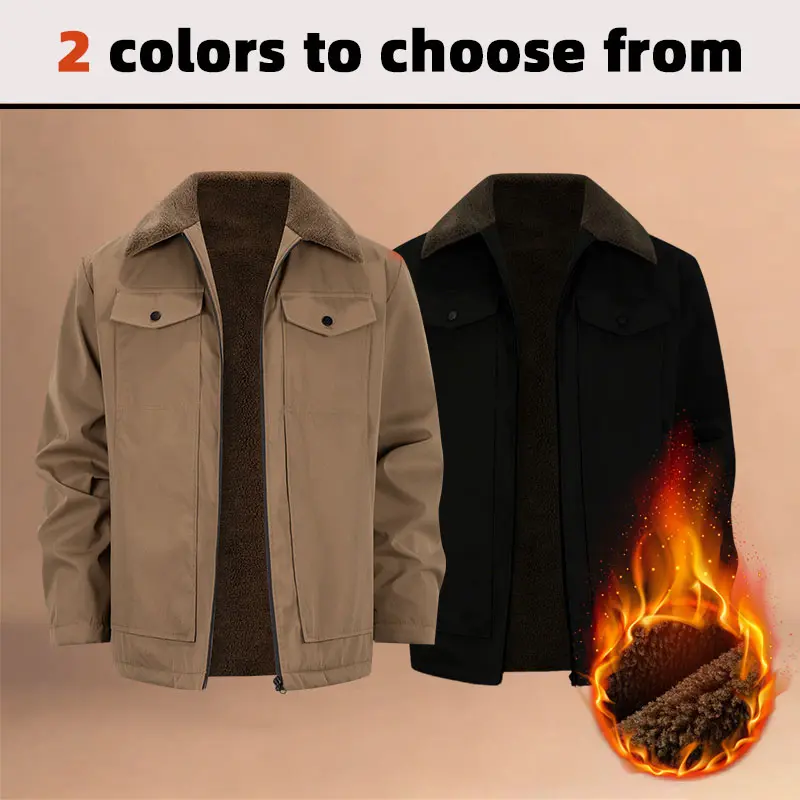 Men's winter turn-down collar workwear jacket, thickened with full lining and plush interior, warm double-pocket zipper jacket, vintage style, suitable for commuting, keeps out the cold, pure color