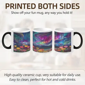 Dreamy Aurora Borealis Tulip Flower Field Heat Changing Mug 11oz White Ceramic Black Handle, Starry Sky Floral Landscape Heat Sensitive Color Reveal Coffee Cup, Romantic Artistic Gift for Women