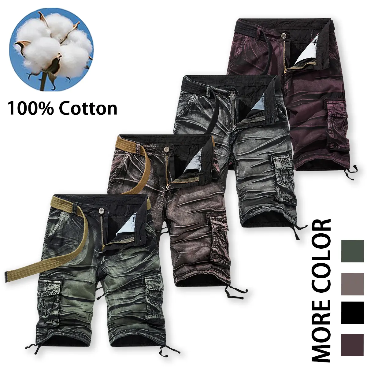 Men's 100% pure cotton gradient tie dye workwear five quarter shorts, matched with canvas waistband and drawstring cuffs at the hem, multiple flip side pockets retro washed functional shorts, suitable for street trends, fishing, and daily casual wear.