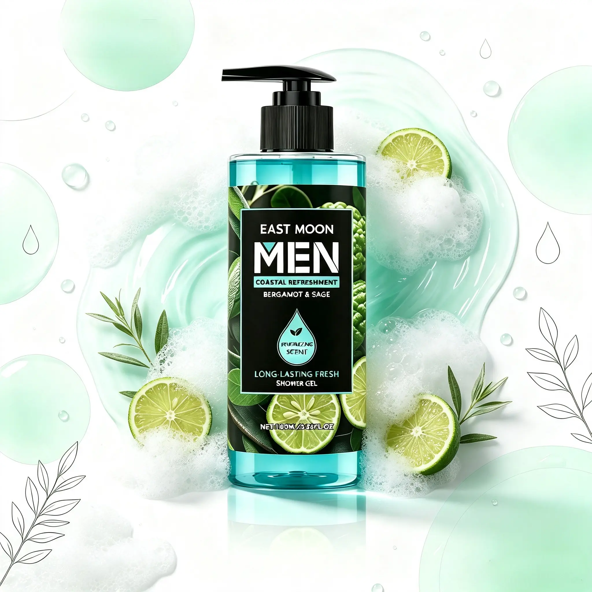 Bergamot & Sage Scented Gentle Body Wash, Mild Daily Bath Cleansing Shower Gel, Long-Lasting Fresh Fragrance Body Care Liquid for Soft Refreshed Post-Shower Skin