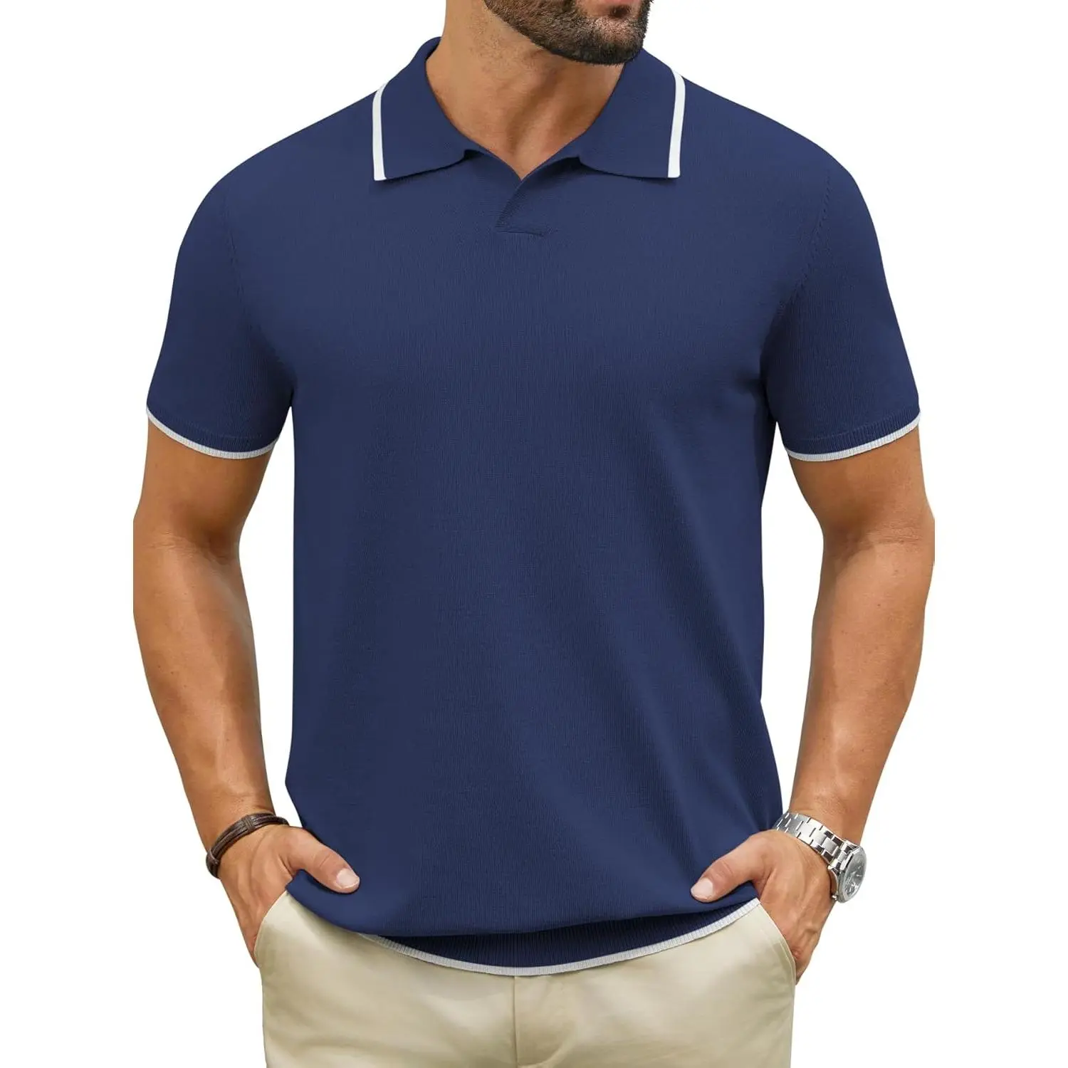 Hardaddy Men's Short Sleeve Knit Polo Shirts V Neck Color Block Lightweight Casual Collared Golf Shirt