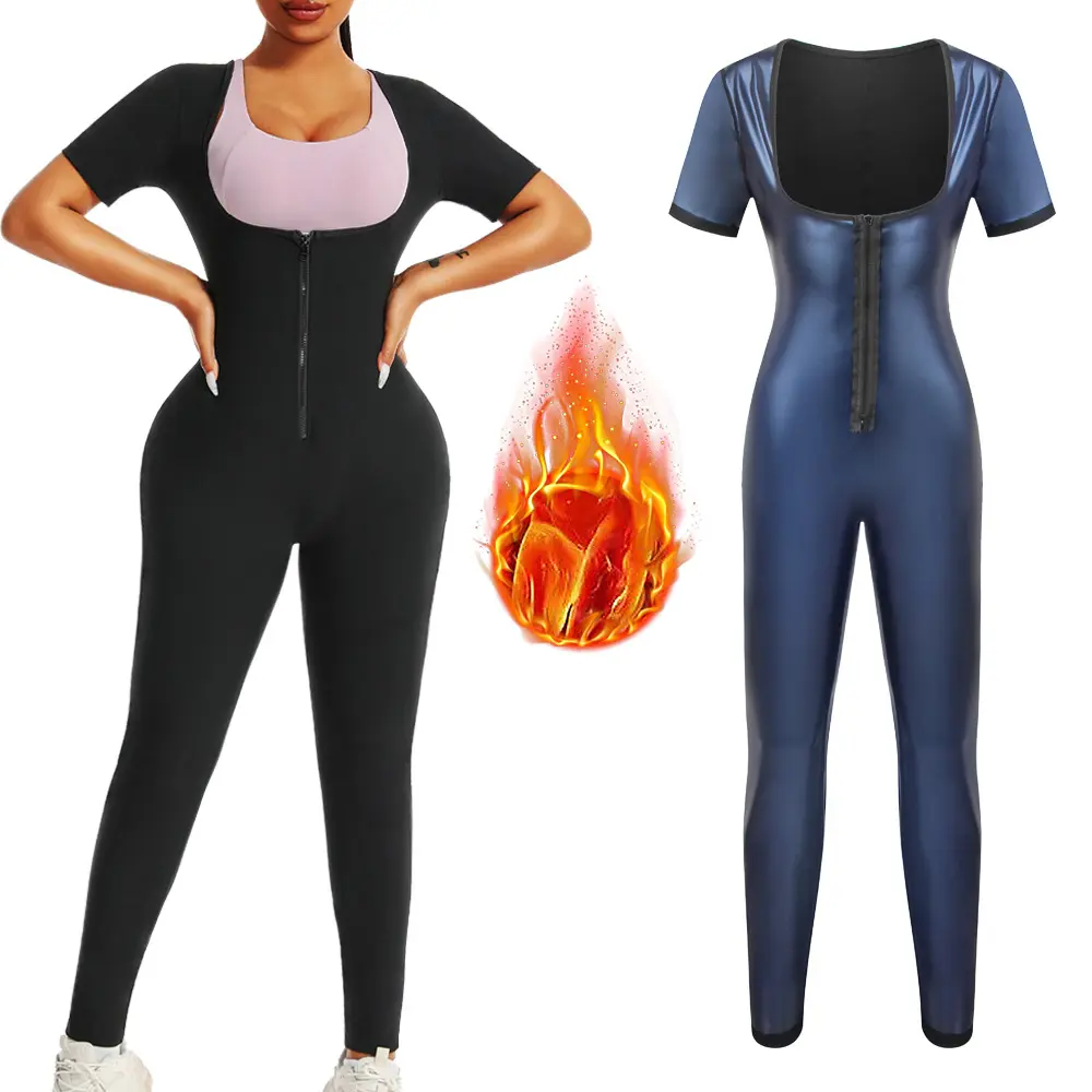 Women Short Sleeve Sauna Sweat Jumpsuit High Waist Tummy Control Workout Bodysuit Butt Lifting Gym Shapewear
