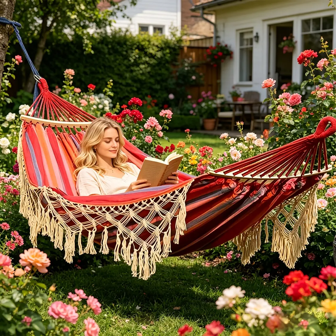 Bohemian Hammock, hand-woven design with double tassels, thickened canvas hanging bed, 400 lbs load-bearing outdoor leisure gear, suitable for relaxation during camping, traveling, on beaches and in courtyards