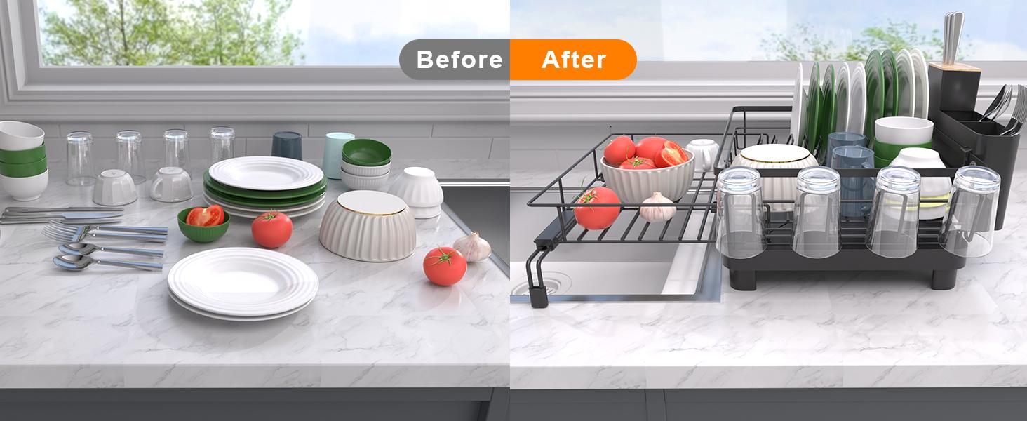 Dish Drying Rack - Expandable Dish Rack, Large Drying Dish Drainer Over Sink with Drainboard, Utensil Holder & Cup Holder, Stainless Dish Strainer for Counter, Black Dish Drying Rack - Expandable Dish Rack, Large Drying Dish Drainer Over Sink with Drainboard, Utensil Holder & Cup Holder, Stainless Dish Strainer for Counter, Black