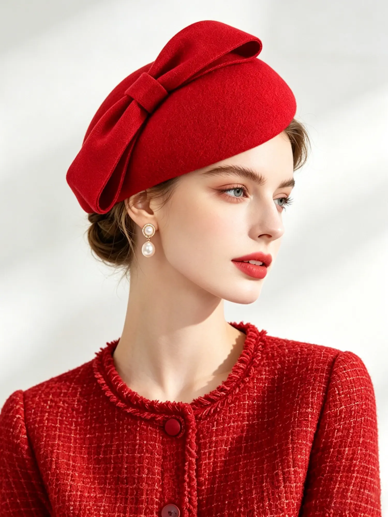 Women's Vintage Wool Beret Hat, Cotton Ribbon Gift Hat, Church Derby Hat, Winter Retro Style, Elegant Slim-Fitting All-Season Hat, Stylish Hat