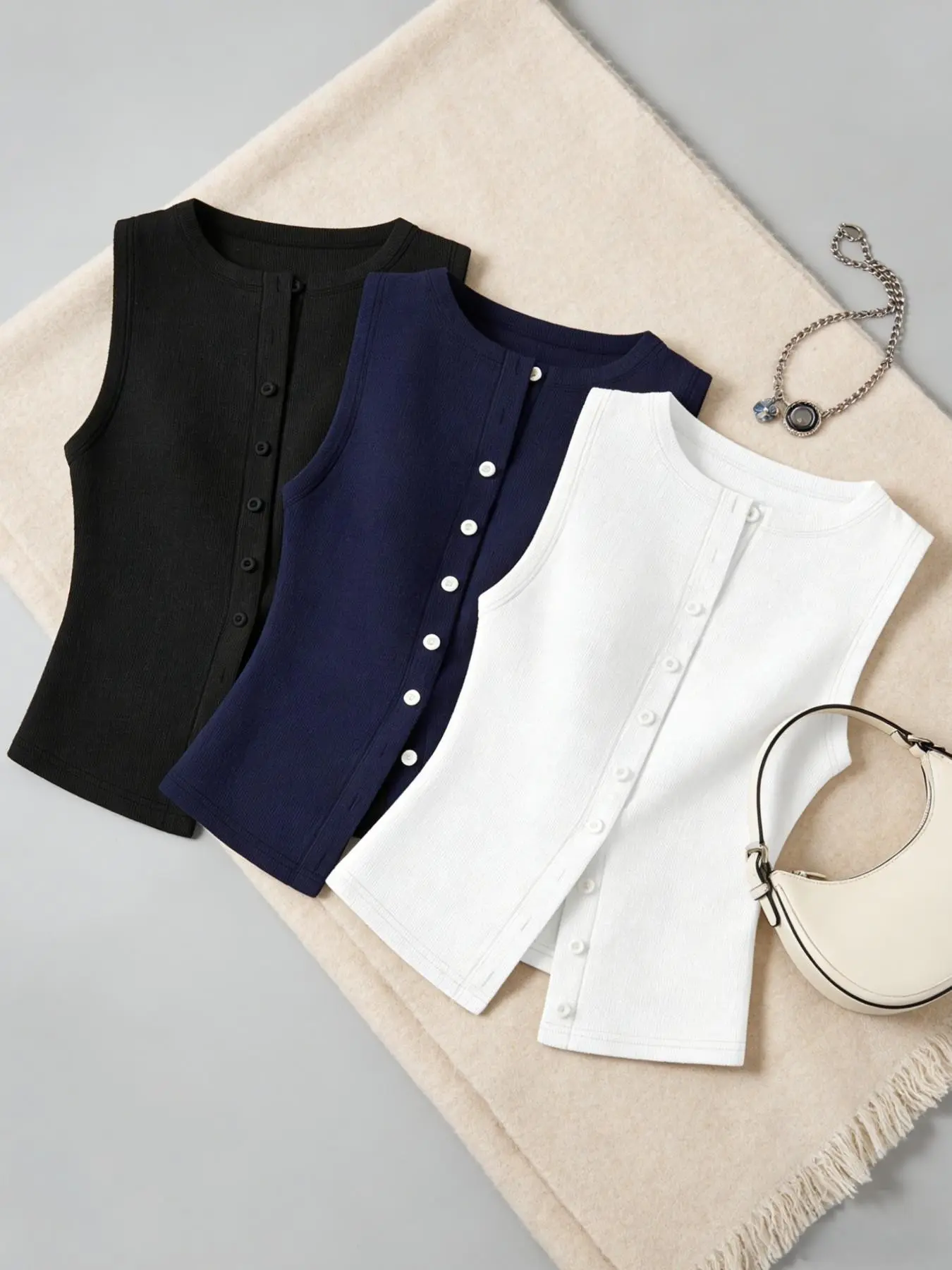 Summer Round Neck Vest, Simple Button-Front Sleeveless Cardigan, Solid Color Slim Fit Women's 3-Piece Set for Daily Commute