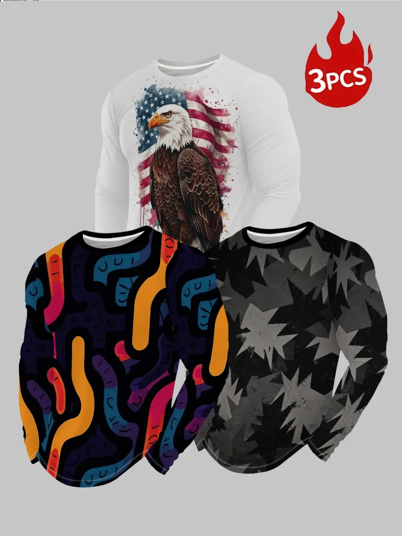 Men's long sleeved T-shirt three piece set, featuring diverse American art prints and sporty dual style men's clothing