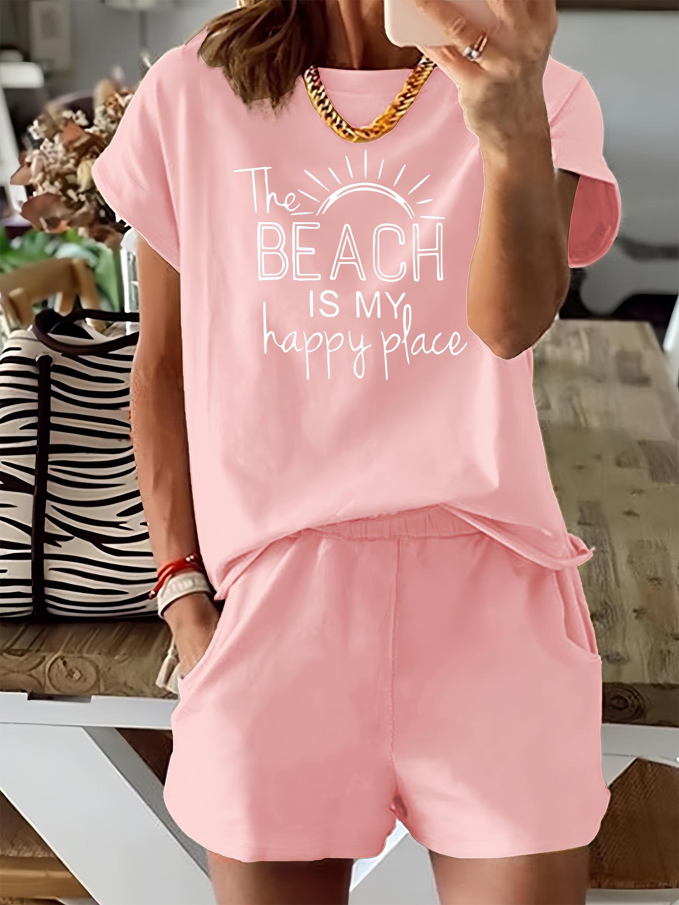 Two-Piece Set Women's Letter Sun Print Short Sleeve Tee & Elastic Waist Shorts, Casual Fitted Round Neck T-shirt & Pocket Shorts for Summer, Ladies Clothes for Beach Vacation