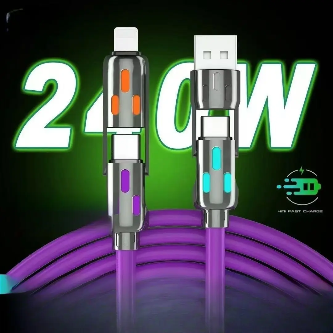 Breathing Light 240W Four-in-One Fast Charging Data Cable, One-to-Four Carrying Capacity, Two-to-Two Zinc Alloy/Silicone Indicator Lights.