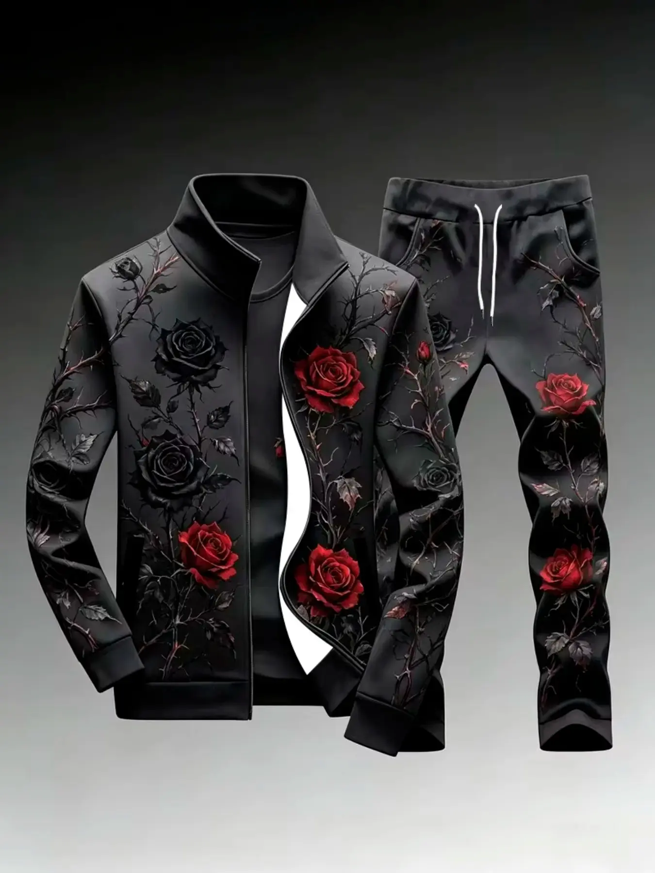 Men's Gothic Style Sportswear Set, Sweatsuit Outfits, Stand Collar Zipper Jacket with Drawstring Pants, All over Print, Casual Long Sleeve Sweatshirt
