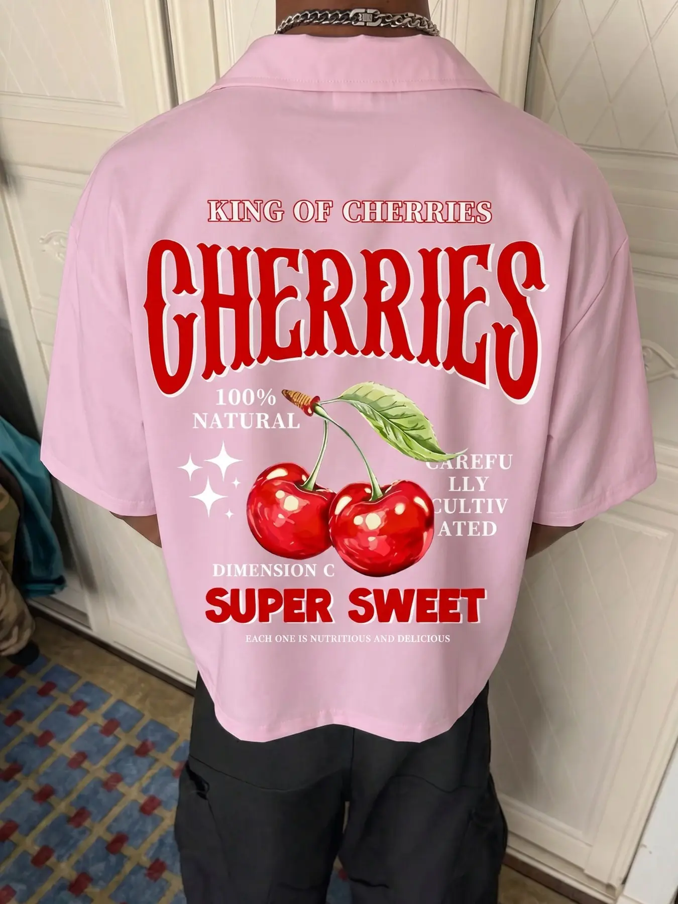 Vintage Bowling Shirt, Cherry Print Drop Shoulder Short Sleeve Blouse, Unisex Outdoor Casual Wear, Loose-Fitting Street Style, Streetwear, Casual Style Graphic