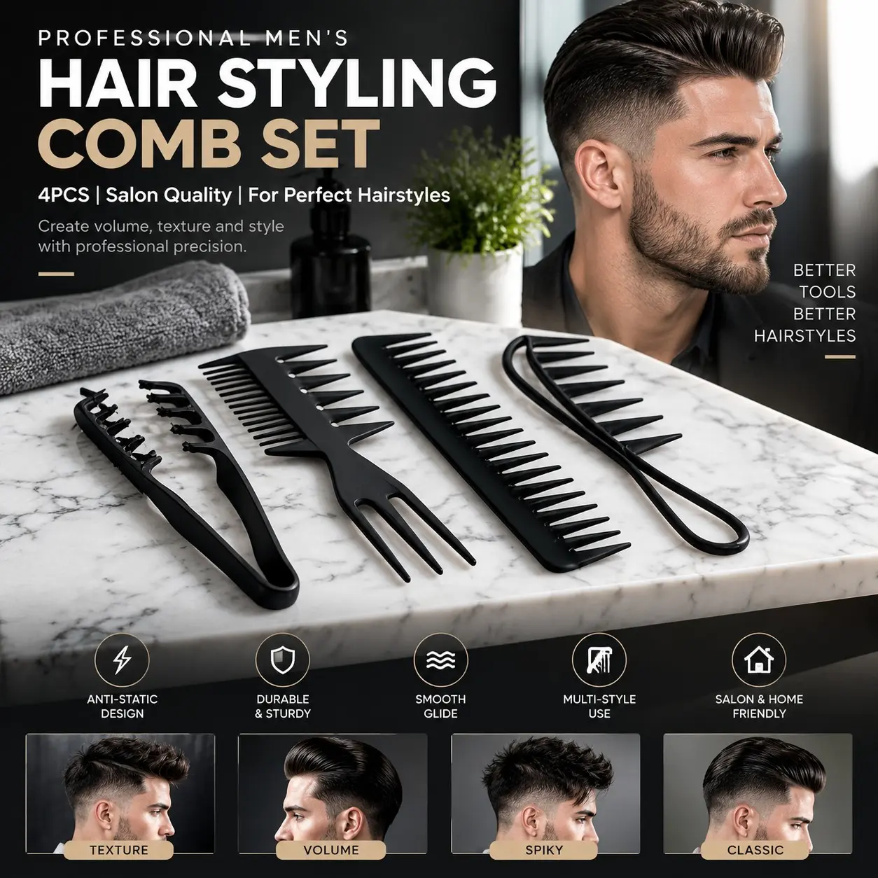 4pcs Professional Salon Hairdressing Comb Set Suitable for Barbers & Home Use - Wide-Tooth Pompadour Comb, Volumizing Double-Clip Root Lift Comb, Anti-Static Hair Tools for Slickback, Airplane Texture & Volume for Men's Hairstyling (Unisex)