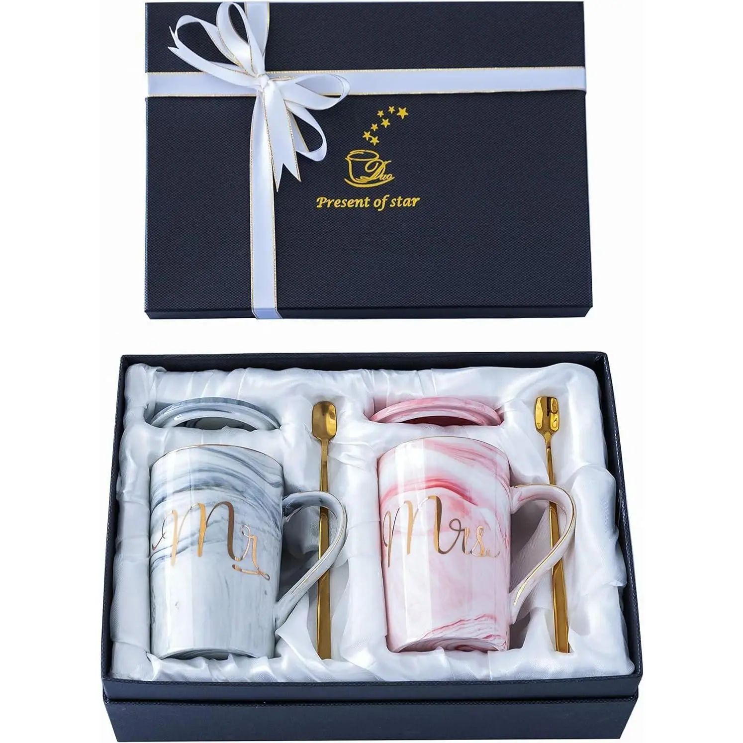 Wedding Gifts for Bride and Groom, Gifts for Bridal Shower Engagement Wedding and Married Couples Anniversary - Ceramic Marble Coffee Mugs with Real Gold Mr/Mrs Letters 14 Oz Pink
