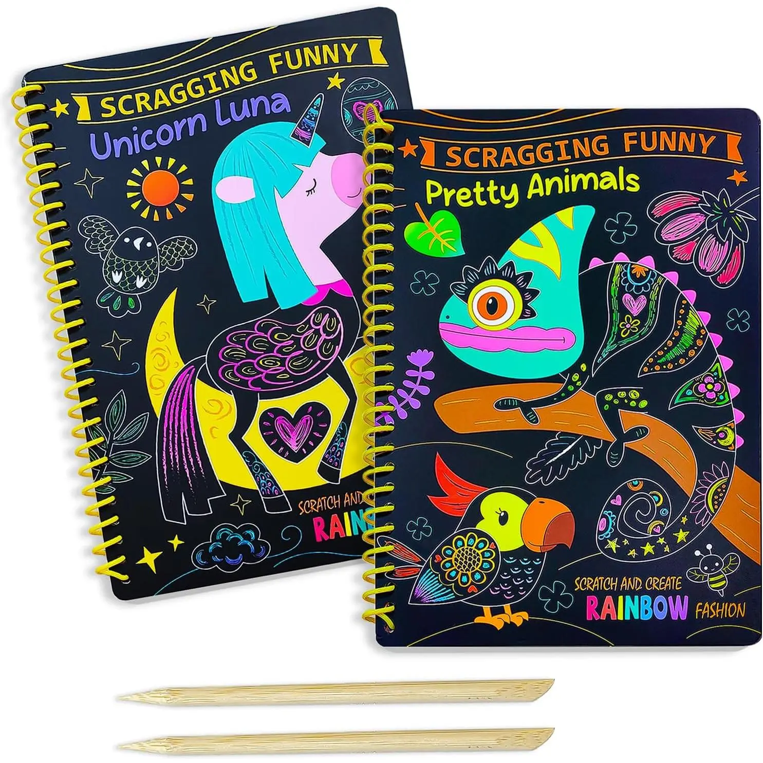 2 Pack Animal & Unicorn Scratch Art for Kids, Rainbow Scratch Paper Art Notebook, Arts and Crafts for Boys Girls, Birthday Gifts Party Gamesfidget toys