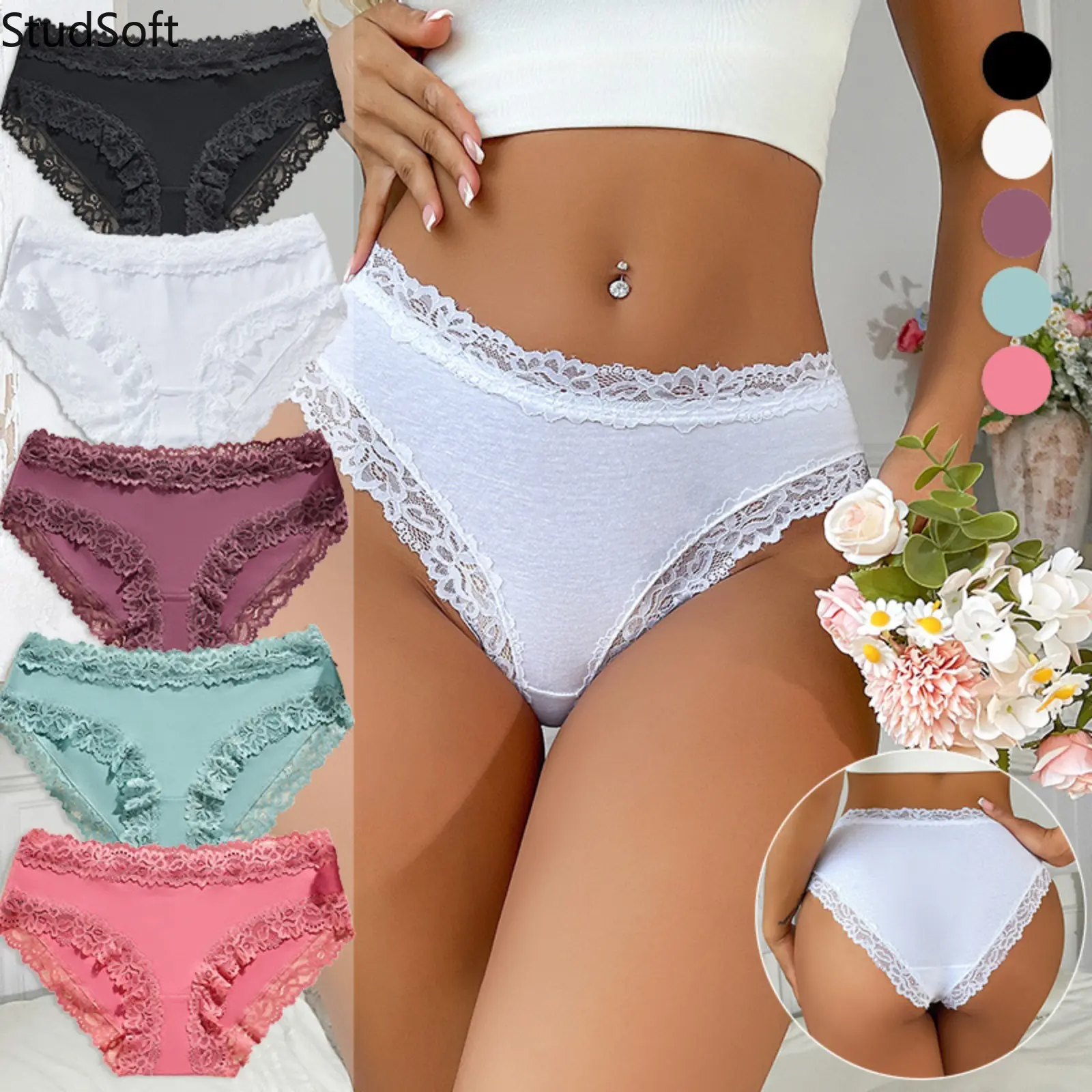 Sexy Lace Panties for Women Soft Cotton Underwear 5 Pack Breathable Low Rise Hipster Briefs Comfortable Daily Lingerie