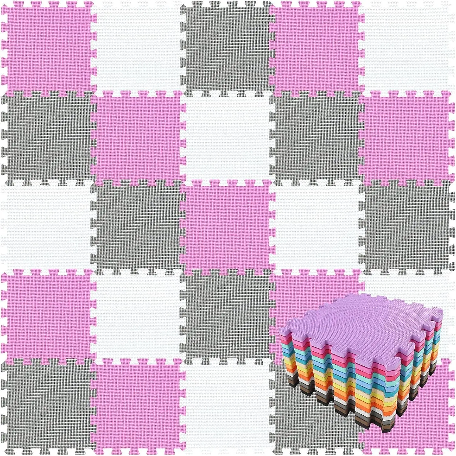 EVA Rubber 18 Tiles Interlocking Puzzle Foam Floor Mats - Baby Play Mat for Playing Exercise Mat for Home Workout, White Pink Gray QC-ACLb18N