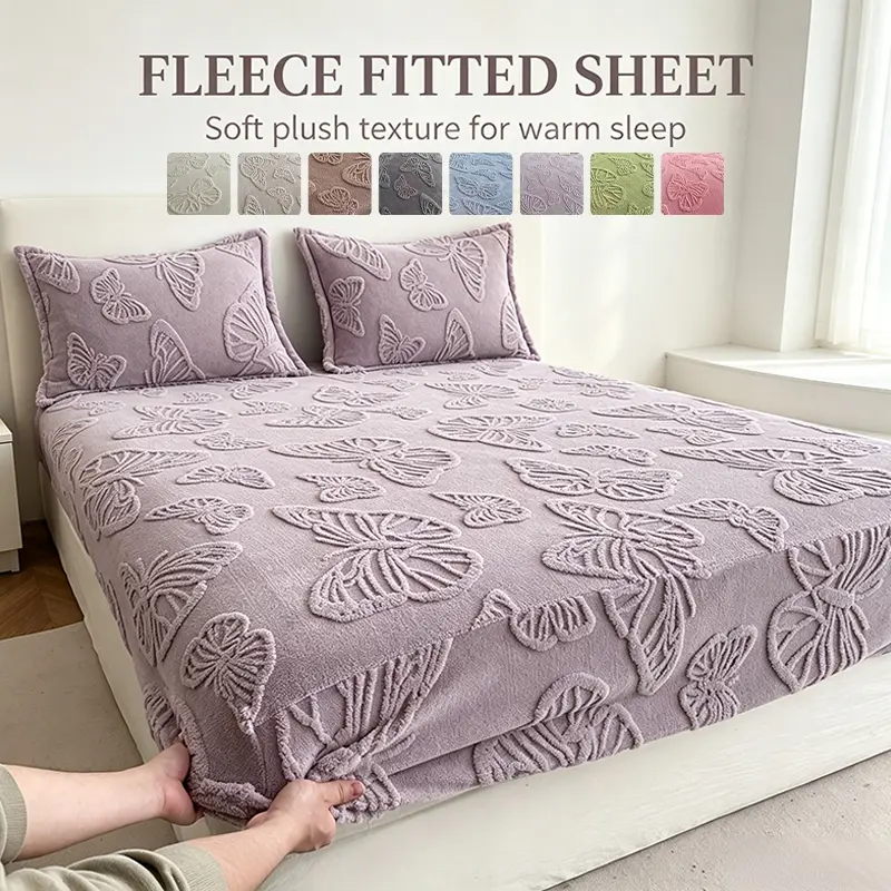 Soft Fluffy Fleece Mattress Fitted Sheet with Butterfly Tuft Pattern, Gentle Skin-Friendly Warm Plush Bed Cover, Secure Snug Fit Edges Suitable for Single, Queen and King Size Mattresses, Bedding Essentials
