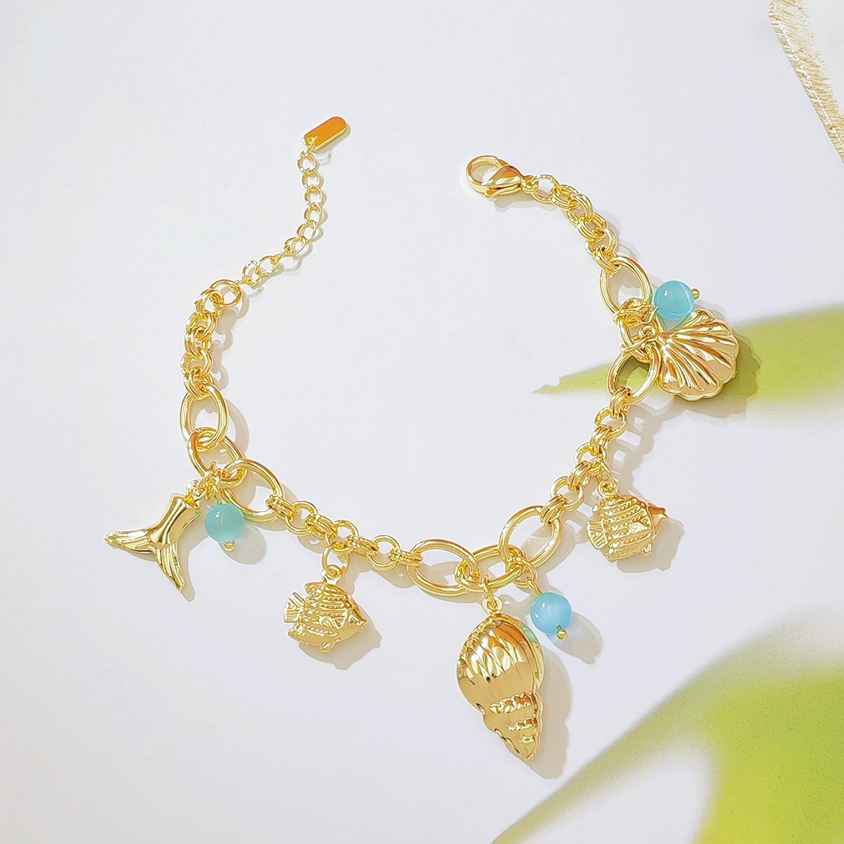 Ocean Inspired Shell Conch Mermaid Tail Bracelet, 18K Gold Plated with Blue Cat Eye Stone, Minimalist Unique Design, Trendy Summer Beach Jewelry for Women, Perfect for Daily Wear, Vacation & Beach Outfits