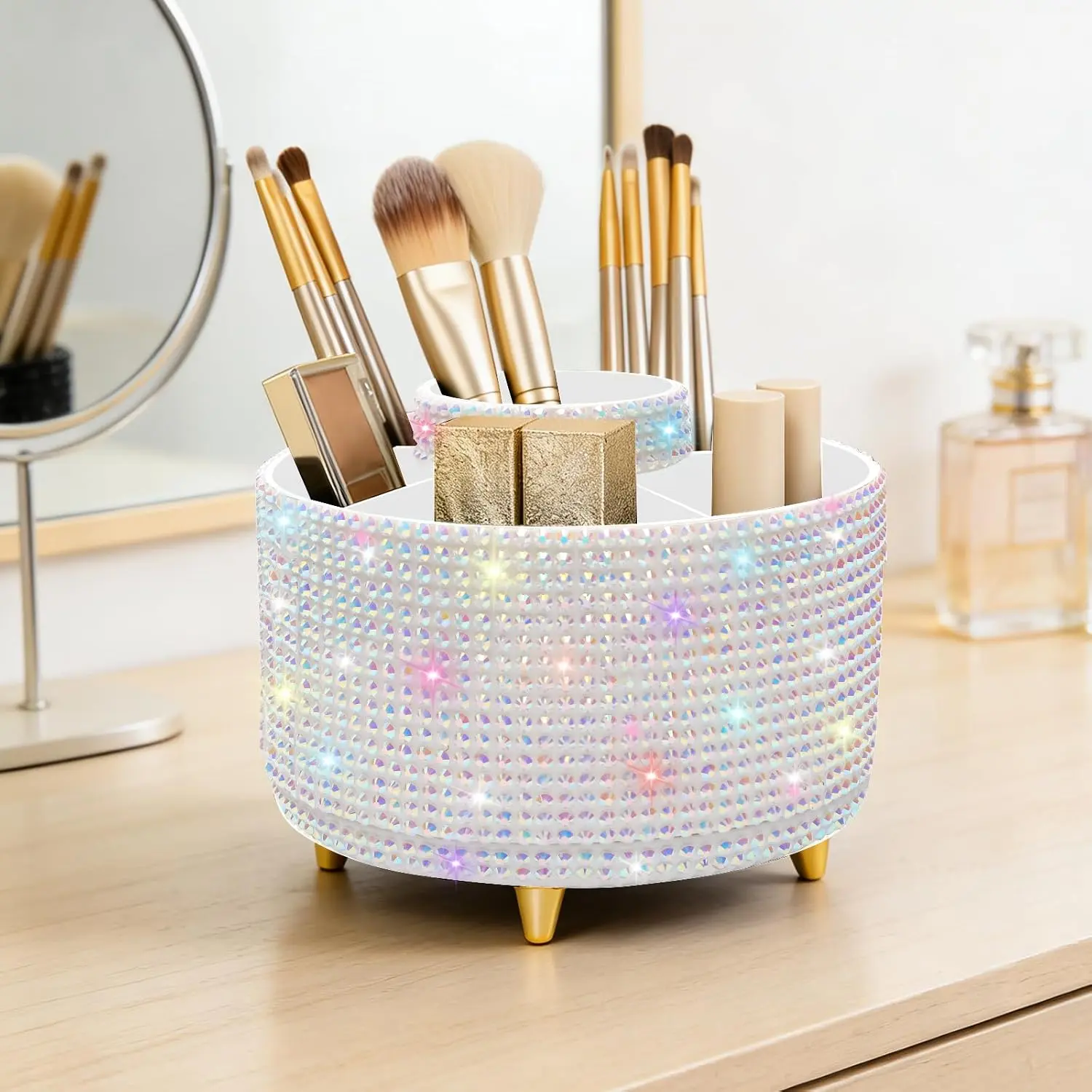 Bling Makeup Organizer: 360°Rotating Bling Rhinestone  Display Cases - Makeup Brush Holder - 5 Slot Cup for  - Bling Lipstick Organizer -  for Women -  White