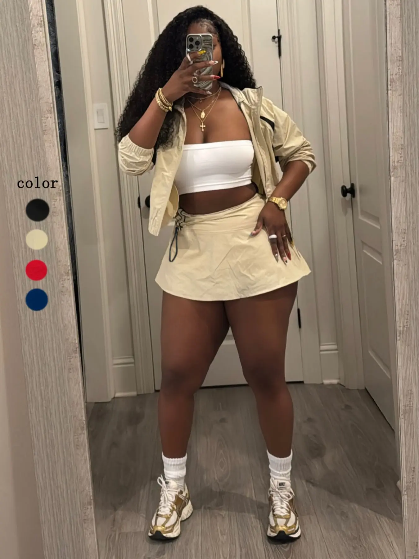 Women's Fall Winter Fashion Stand Collar Patchwork Zipper Jacket and Drawstring Pleated Skirt Two-Piece Set, Elegant Ladies