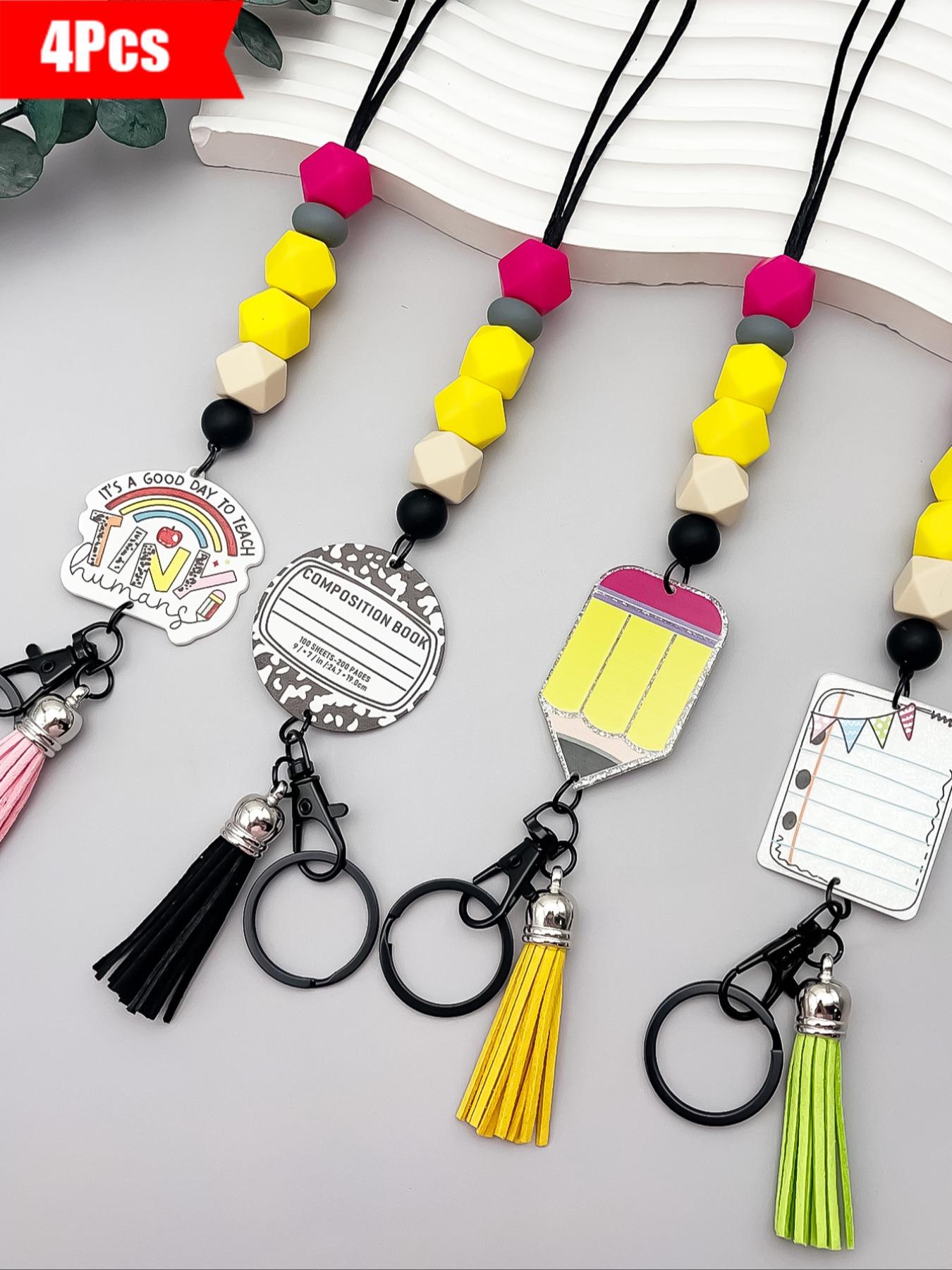 4-Piece Macaron Bead Keychain Set, Fun Teacher Neck Strap for School Days, Perfect Back-To-School Gift for Students and Teachers