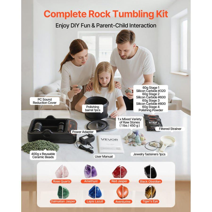 VEVOR Rock Tumbler, 3 lb Rock Polishing Machine, Rocks Tumbling Kit with 4-Speed Adjustment, 1-9 Day Timer, PC Sound Reduction Cover TPU Drum, Direct Drive Motor Rocks Polishing, Quiet Operation