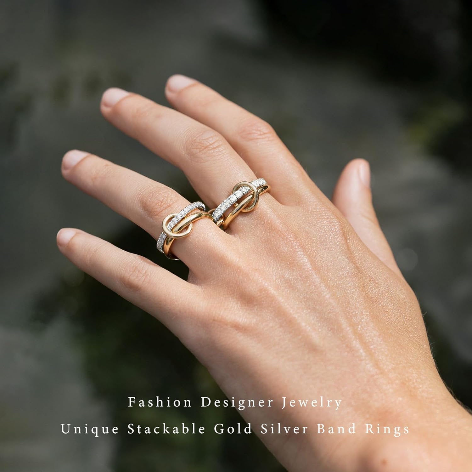 Stackable Gold Silver Band Rings for Women, Statement Chunky Cubic Zirconia Rings, Fashion Unique Designer Mixed Metal Jewelry Size 5/6/7/8/9/10/11