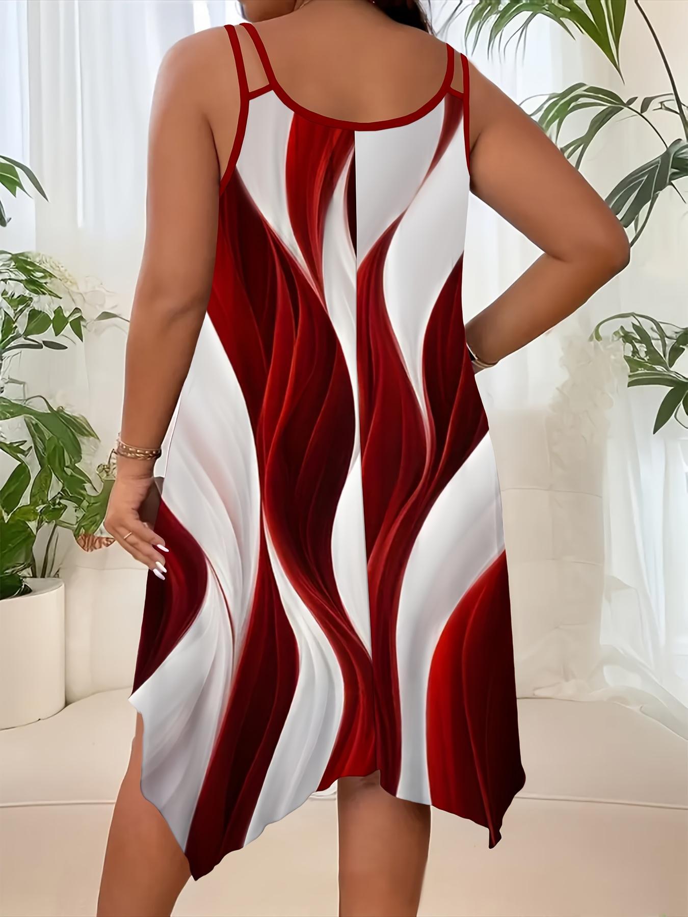 Plus Size All Over Print Asymmetrical Hem Cami Dress, Casual Sleeveless Double Spaghetti Strap Dress for Summer, Boho Fashion Sundress for Daily Wear, Womenswear
