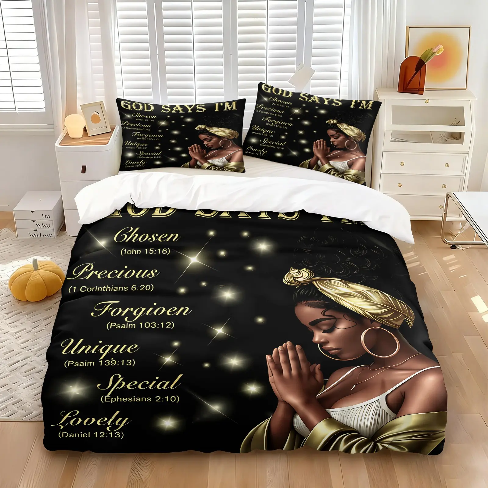 Black Gold Faith Quote Praying Lady Duvet Cover Set, Black Base Glitter Star Golden Inspirational Scripture Print Quilt Cover with 1 or 2 Pillowcase, Anti-Wrinkle Microfiber, Bedroom Decor Gift for Christian Believers & Faith Style Home Enthusiasts