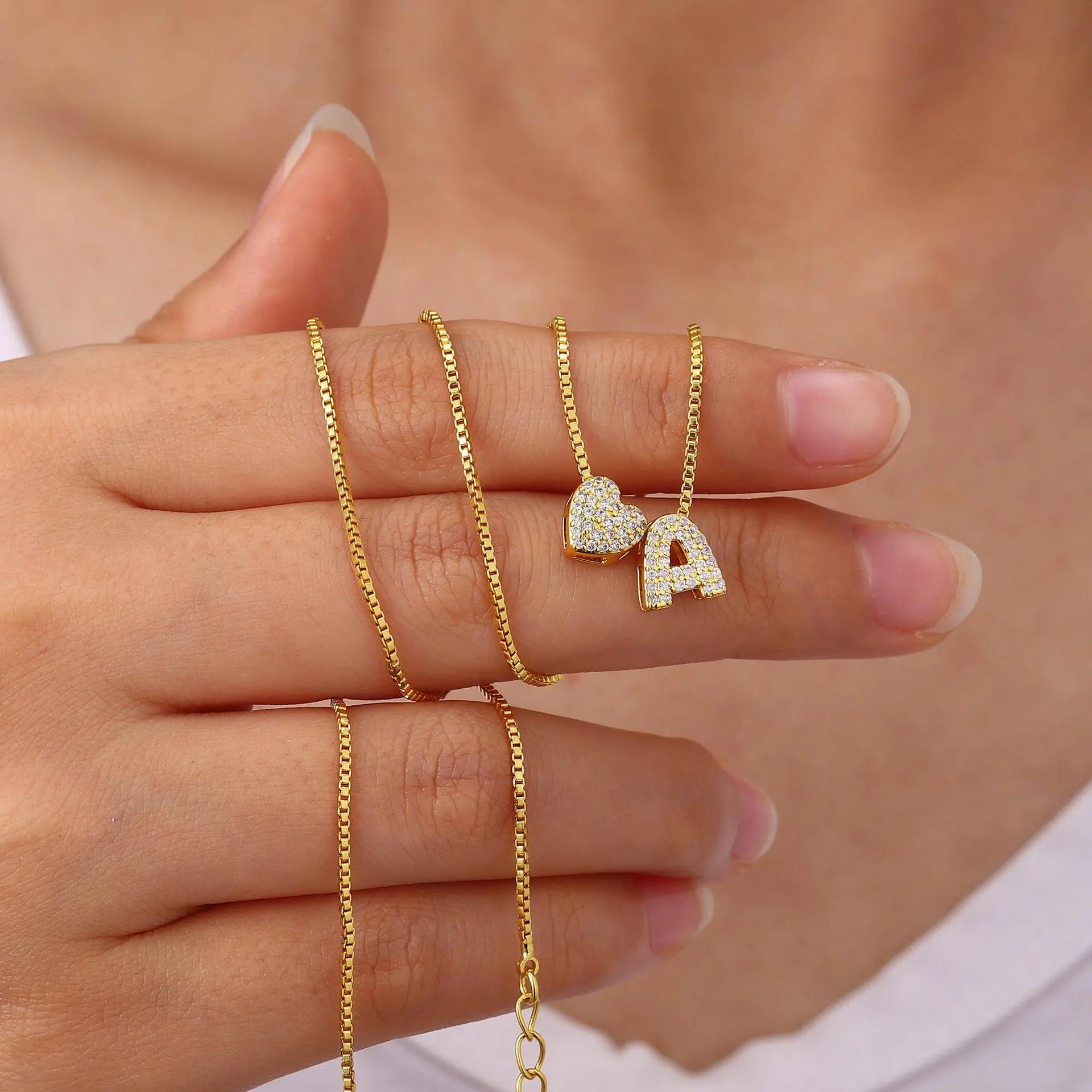 Trendy 14K Gold Plated Non Tarnish Necklace Dainty Personalized Heart Monogram Letter A-Z Pendant Necklace Inlaid Shiny Cubic Zirconia Chain Birthday Gifts Versatile Daily Wear & Party Jewelry