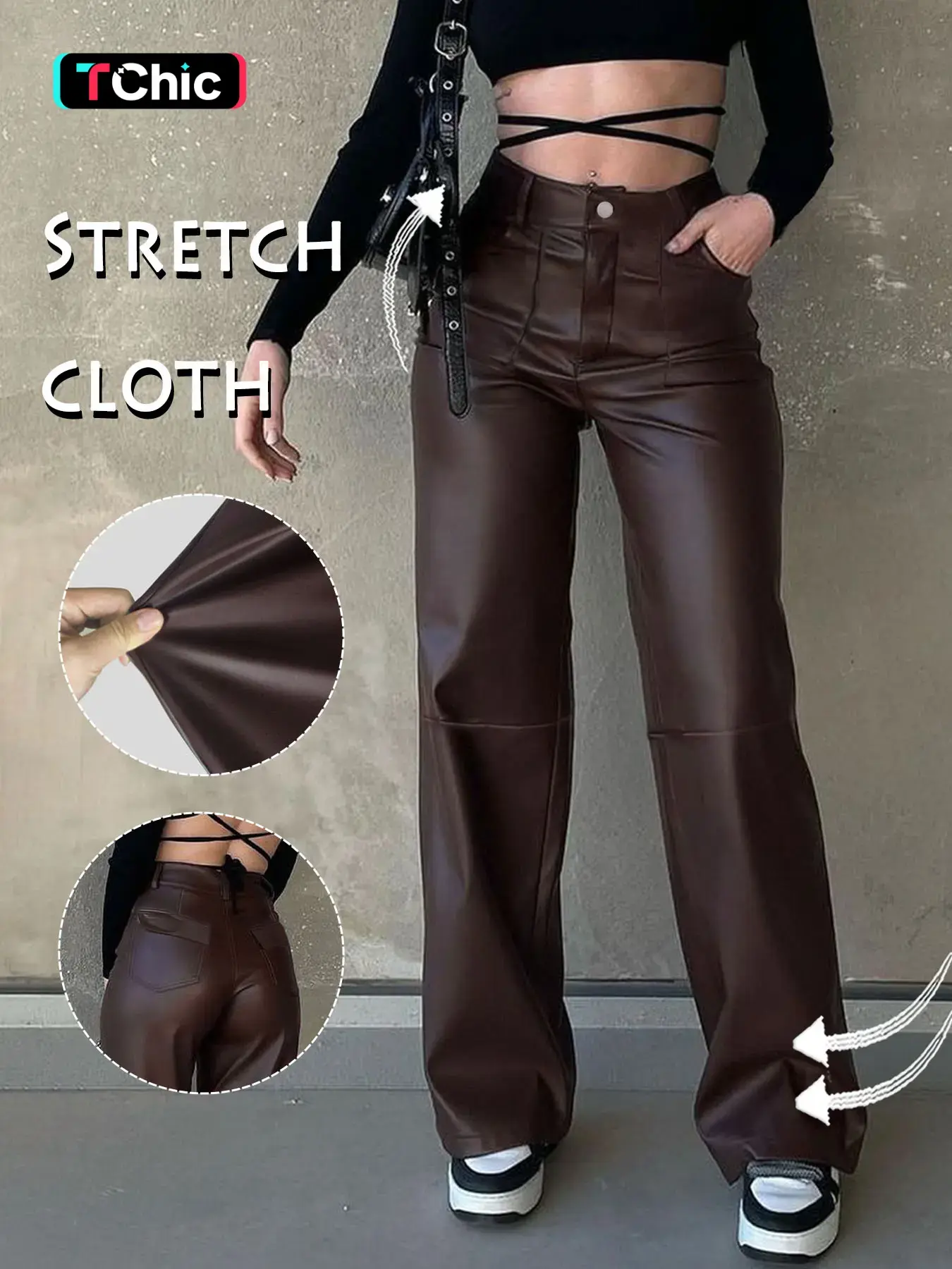 Gilipur Y2K Street Trend Style Women's High-Waisted PU Leather Pants, Button Front with Pockets, Loose Fit Wide Leg, Casual All-Season Long Pants