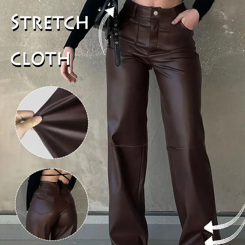 Gilipur Y2K Women's High-Waisted PU Leather Pants, Button Front with Pockets, Loose Fit Wide Leg, Comfortable All-Season Long Pants