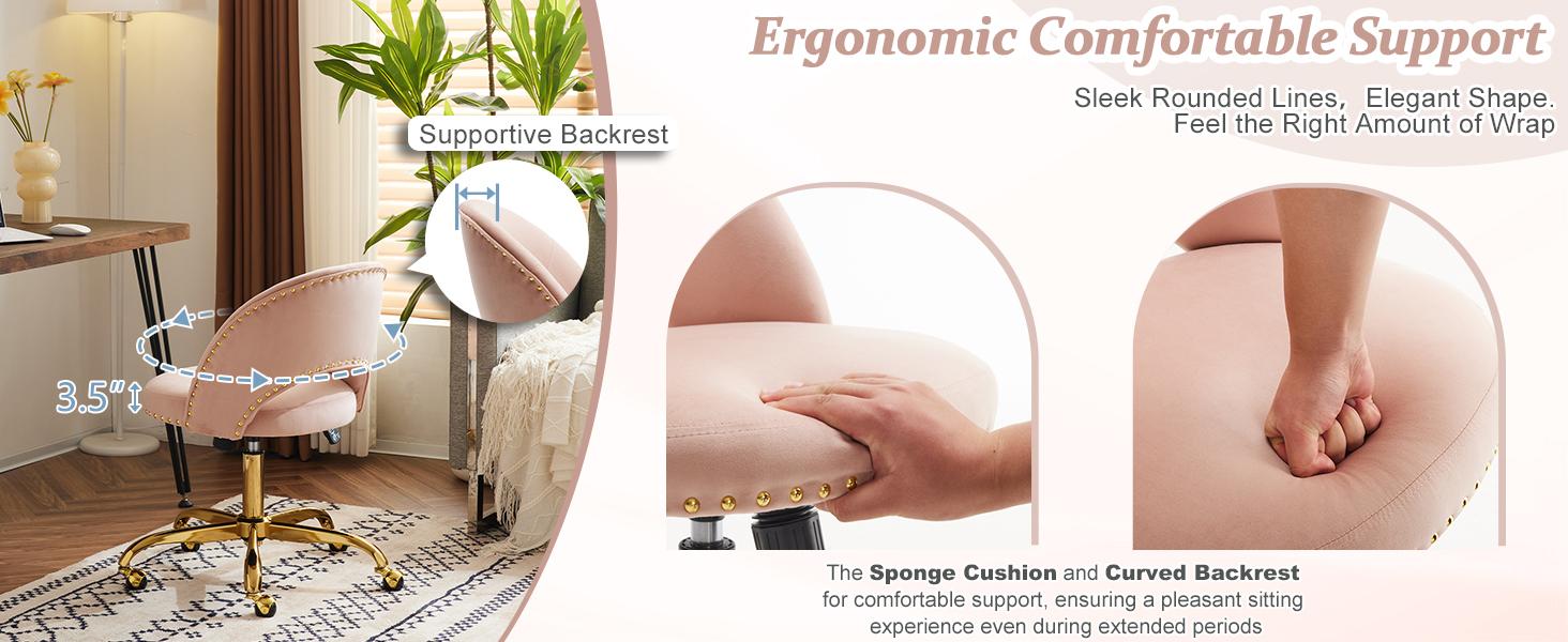 VINGLI Modern Velvet Small Office Chair,Cute Desk Chair with Wheels,Gold Base/Studs, Comfy Armless Swivel Vanity Task Chair for Women/Girl/Kids, Nail Tech Chair for Bedroom,Small Space,Pink