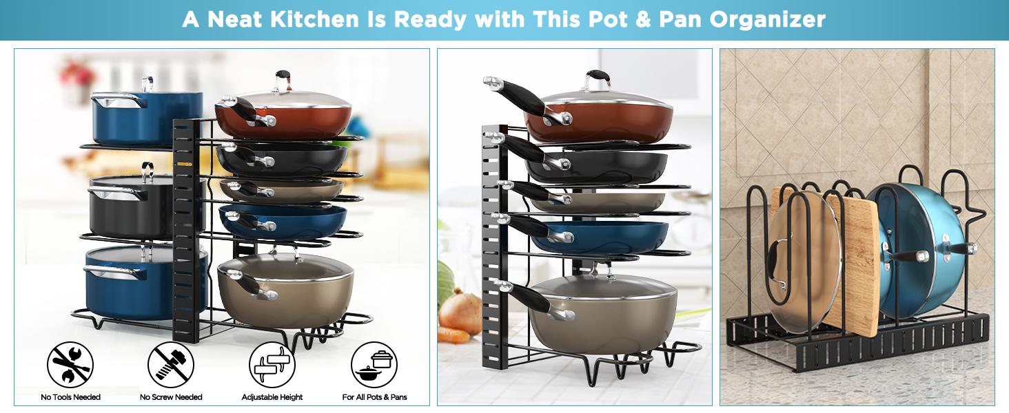 Pots and Pans Organizer for Cabinet 16.61 Height, 8 Tier Pot Organizers Rack with 3 DIY Methods, Adjustable Pan Organizer under Cabinet Kitchen Organization and Storage