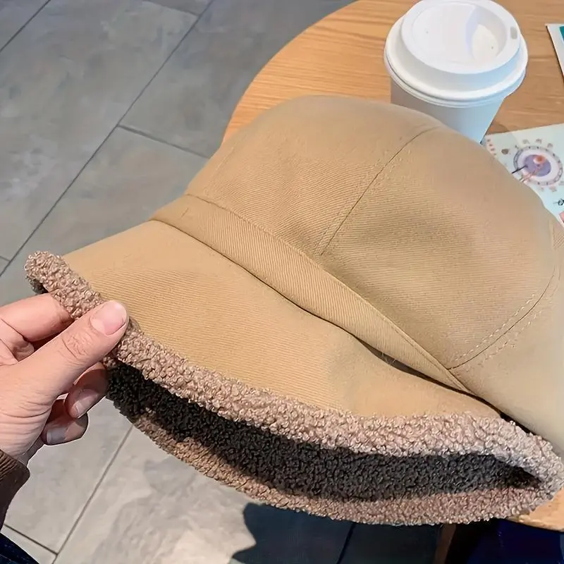 Women's Plain Plush Bucket Beanie - Keep Warm Fleece-Lined Winter Hat with Ear Protection, Non-Stretch Linen Fabric, Knit Heart Design, Unisex Western Newsboy Style for Outdoor Cold Weather, Streetwear Accessory, Keep Warm Hats