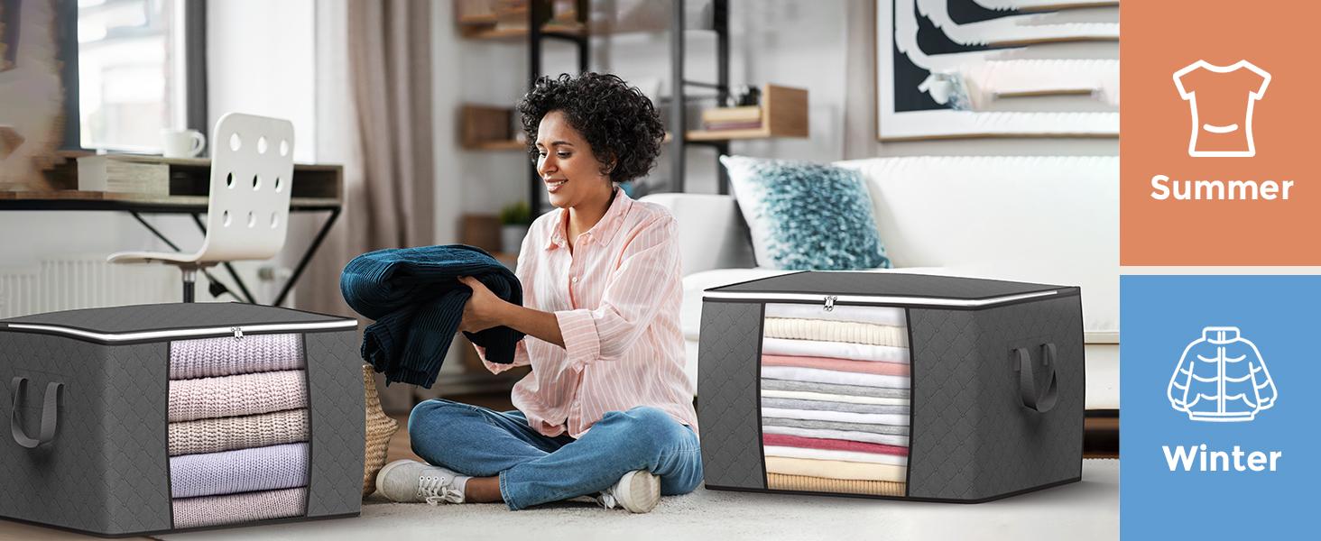 Large Storage Bags, 4 Pack Clothes Storage Bins Foldable Closet Organizers Storage Containers with Durable Handles Thick Fabric for Blanket Comforter Clothing Bedding 90 L (Gray)