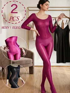 2-Pack Set, Ultra Sexy Full Body Silk Bodysuit ✦ Oil Glossy Horse Oil Finish ✦ All-Season Solid Jumpsuit