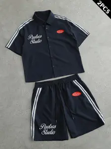 🔥Y2K Two-Piece Set in Dark Blue Striped Sportswear | Fashion Retro Letter Print Short-Sleeve Polo Shirt with Drawstring Waist Shorts, Summer Loose Comfortable Breathable Casual Sportswear #OOTD #Two-PieceShirt #SportCasual #StreetStyle #CollegeStyle