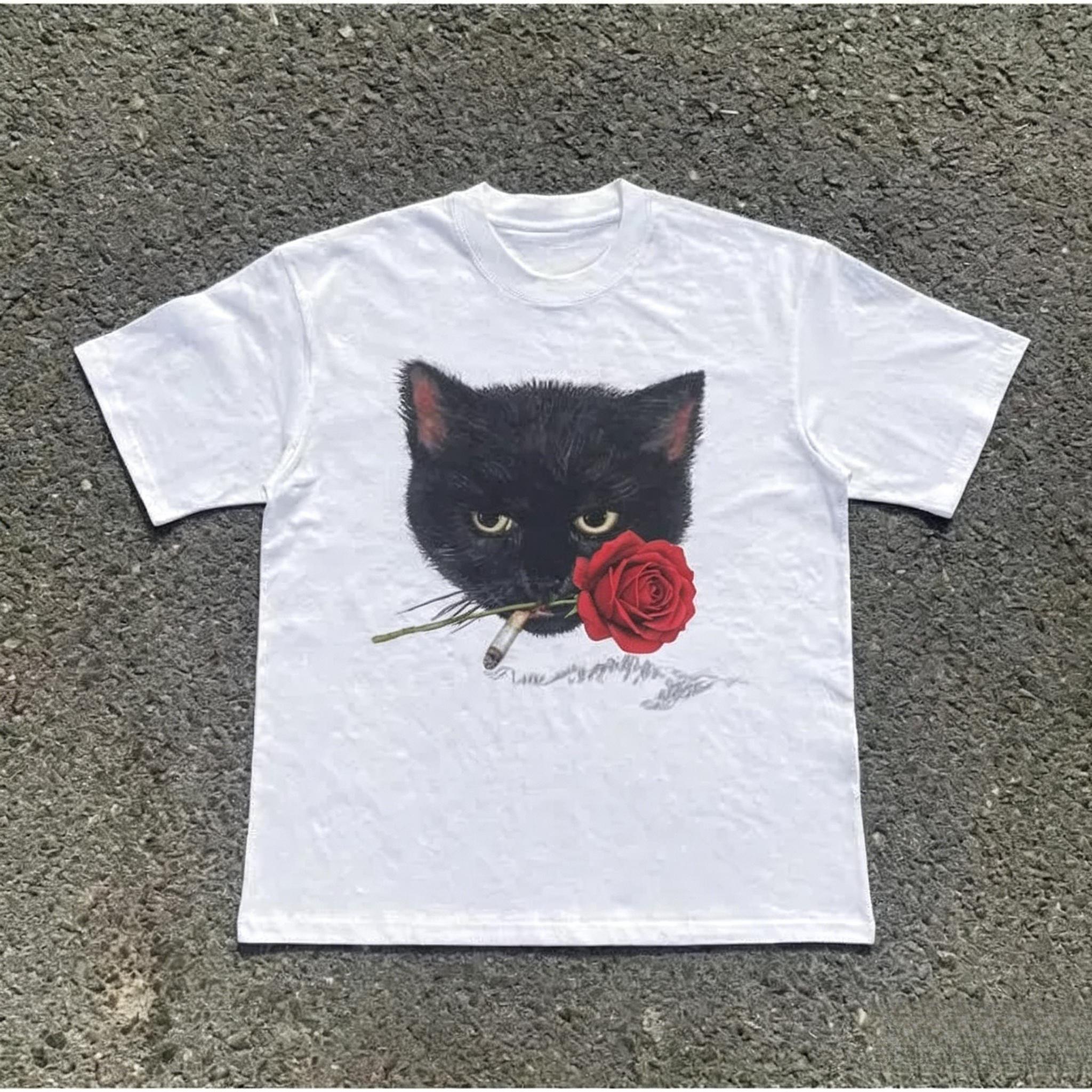 Smocking Cat T-Shirt, Unisex Vintage Graphic Tees Gothic Grunge Emo Scene Amity Affliction Style Clothes Men Women Streetwear Pattern Retro tshirts Rifle In Utero clothing Tour