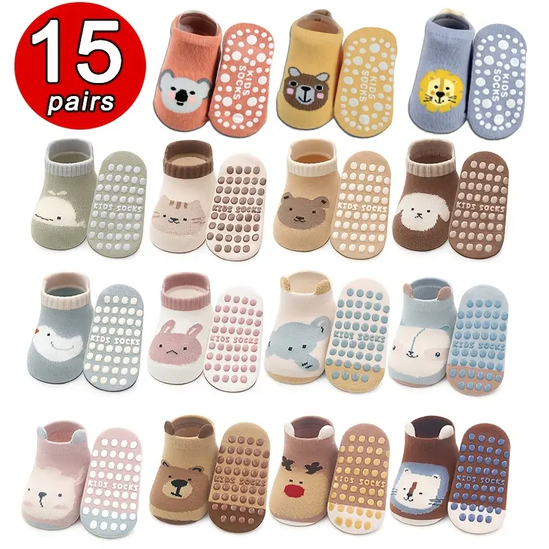 15 Pairs Toddler Floor Socks for Boys & Girls, Cute Cartoon Prints with Non-Slip Grips, All Seasons Polyester Spandex Blend