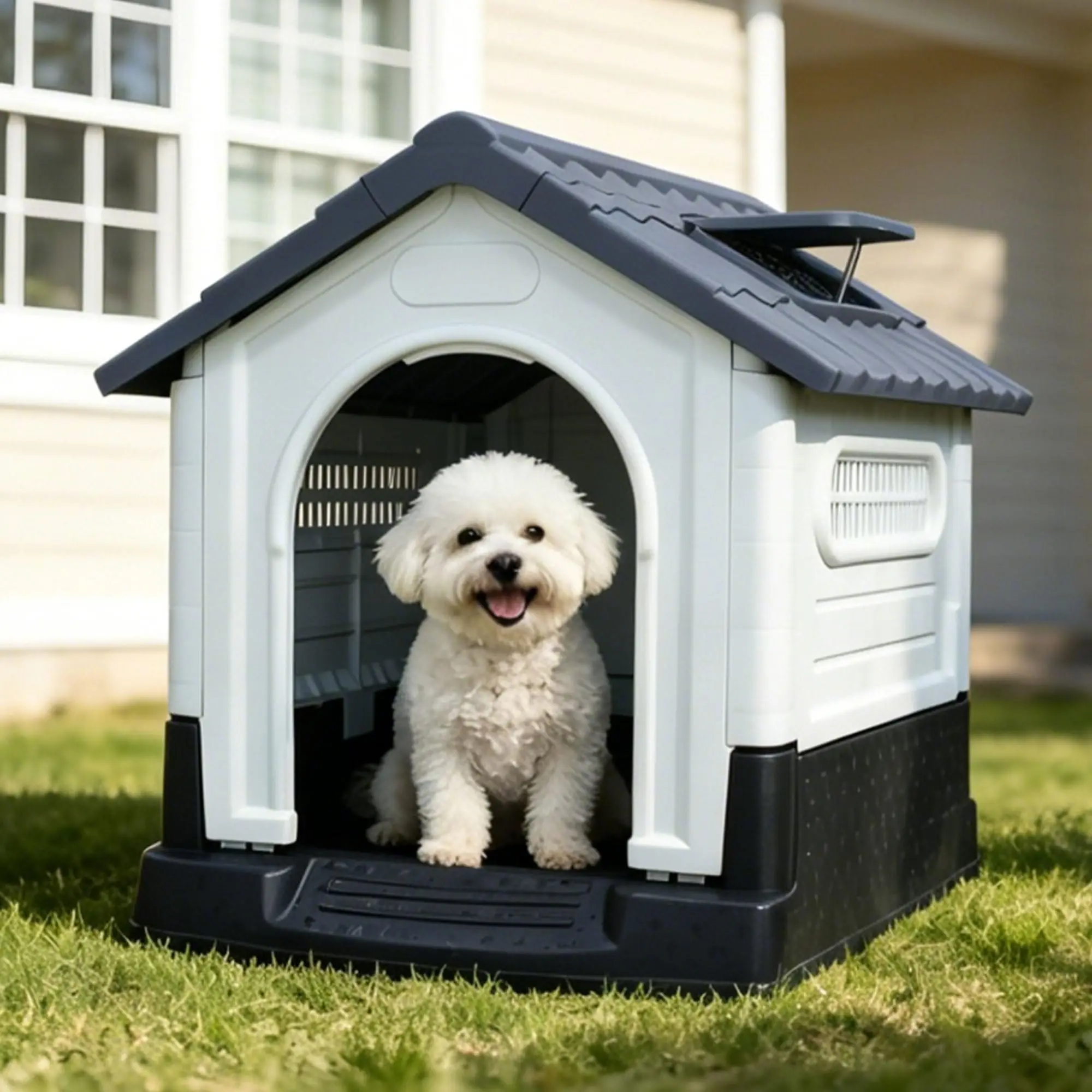 Small Outdoor Dog House - Waterproof Plastic Kennel with Air Vents & Elevated Floor - Easy Clean & Assemble Puppy House - Grey 25.2"x19.3"x26"
