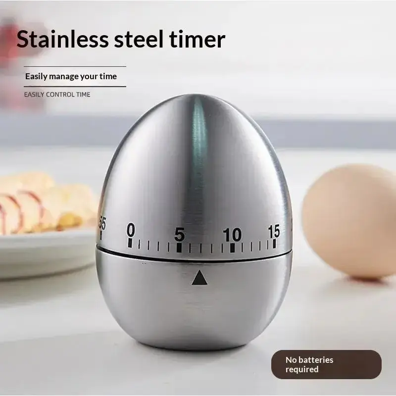 Egg-Shaped Mechanical Kitchen Timer in Baroque Stainless Steel, 60-Minute Manual Dial for Cooking, Baking, and Study, Egg-Shaped Mechanical Timer, Bakers, 60 Minutes, Kitchen Gadgets, Utensils