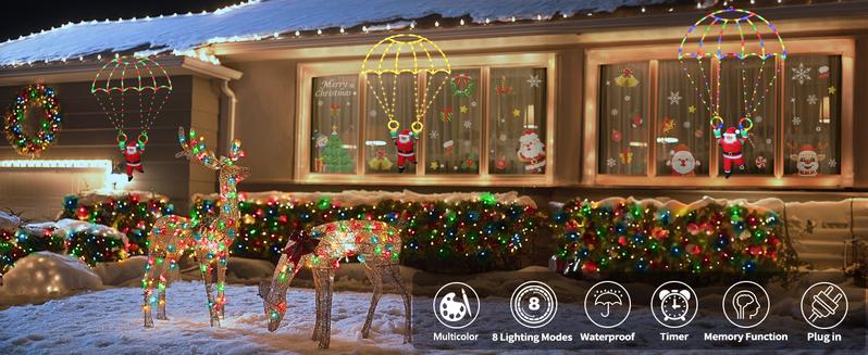 2.8ft Christmas Parachute Lights (Red&Green/Multicolor)，Santa design, waterproof, 8 lighting modes,Ideal holiday gift,Suitable for indoor/outdoor use, hangable on Christmas trees, eaves or walls