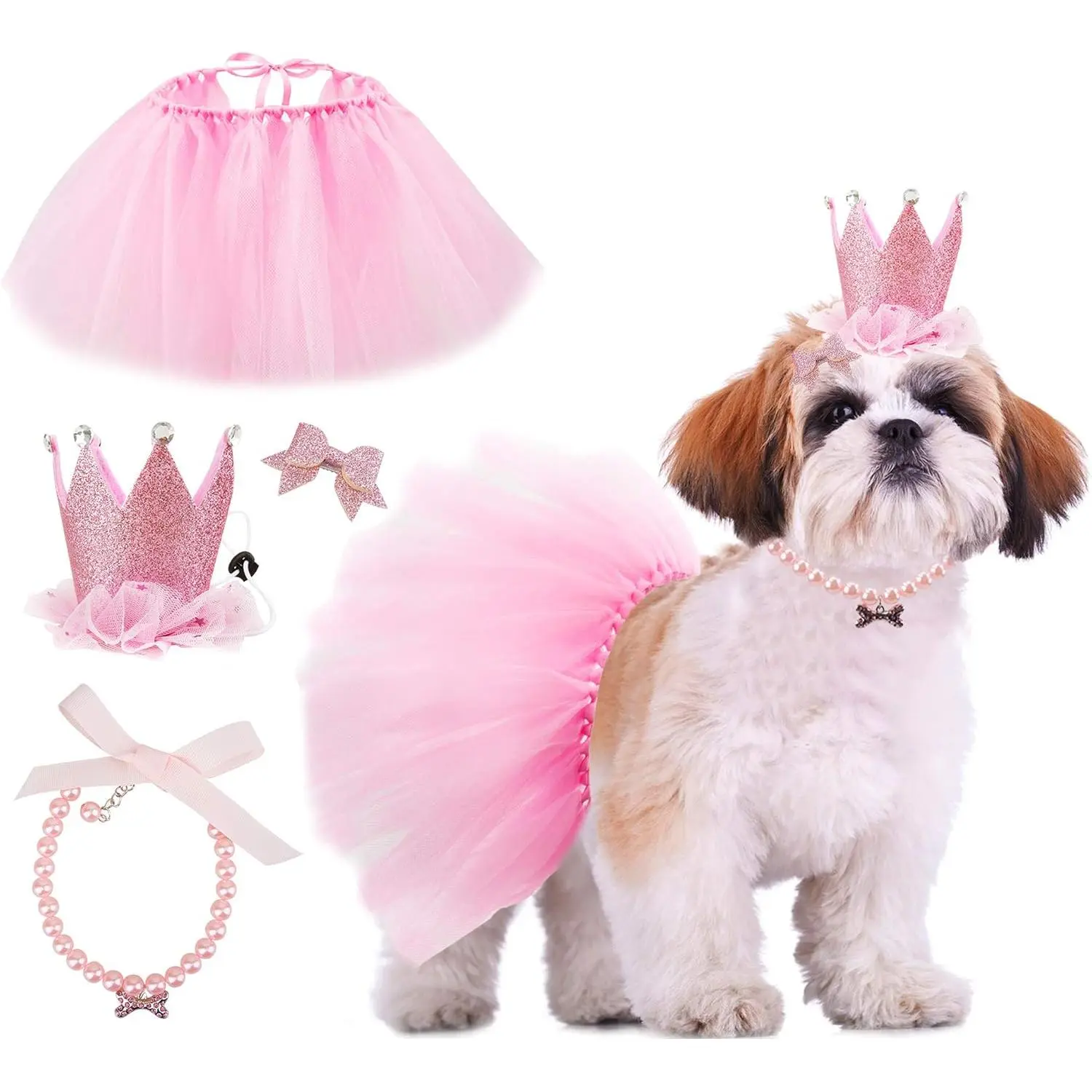 Adorable Princess Fluffy Tutu Dog Costume Set - 1 Set Adjustable Polyester Outfit for Small-Medium Dogs (16-23 in Girth) with Hat, Necklace, Bowtie Hairpin, Princess Look for Birthday Parties, Valentine's Day