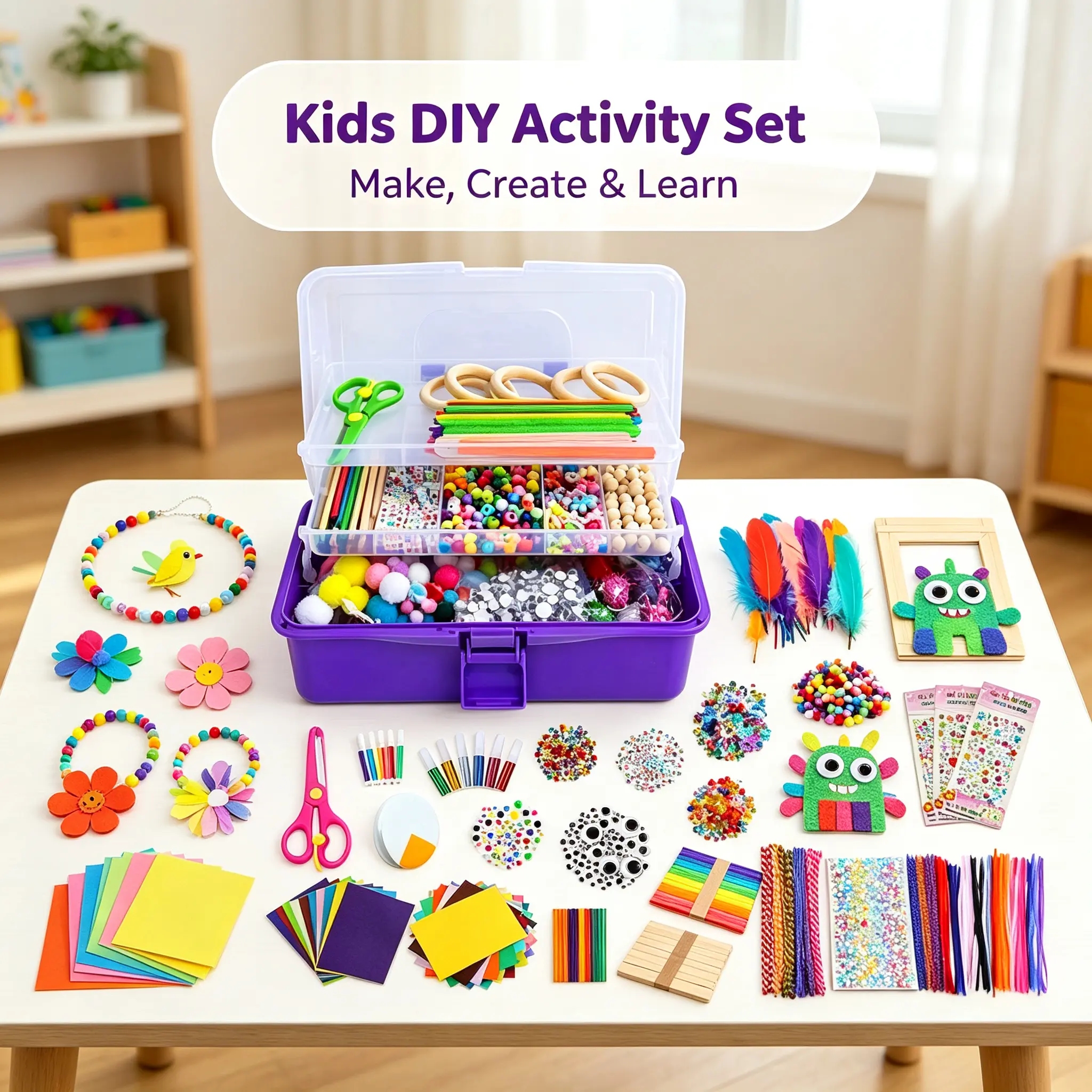 Kids Craft Kit 2500+PCS Deluxe DIY Art Supplies Set with Pipe Cleaners Pom Poms Wood Beads Feathers Sequins Storage Toolbox Creative Activity for Boys Girls for Bouquet & Doll Making, Art Supplies and Saint Patrick's Day/Christmas Decor Room Decor Accesso