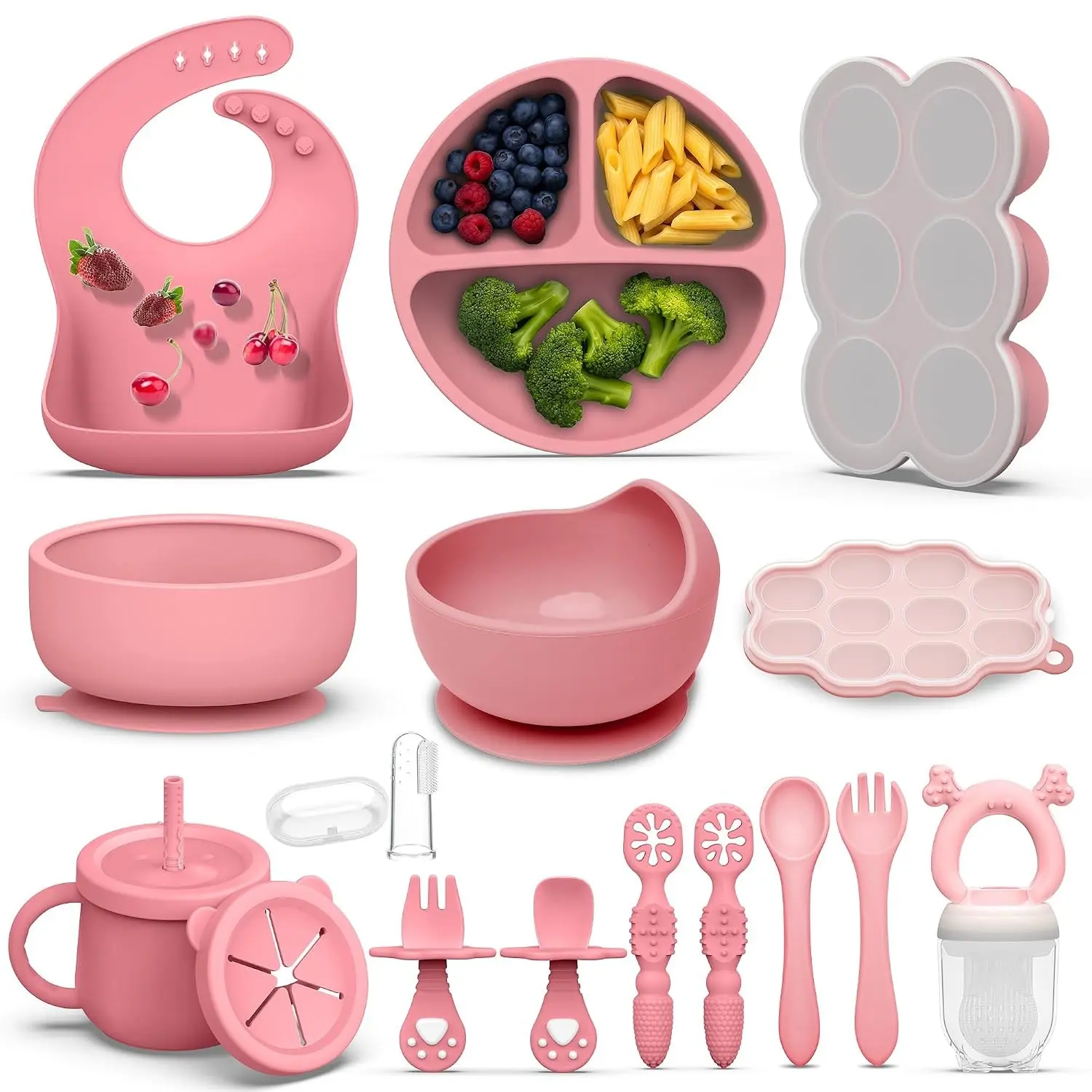 16 Pack Silicone Baby Feeding Set, BPA-Free Infant Weaning Essentials, Comes with Suction Plates, Toddler Bowls, Silicone Forks and Spoons, Starter Baby Food Utensils Suitable for Ages 6 Months and Up (Pink)