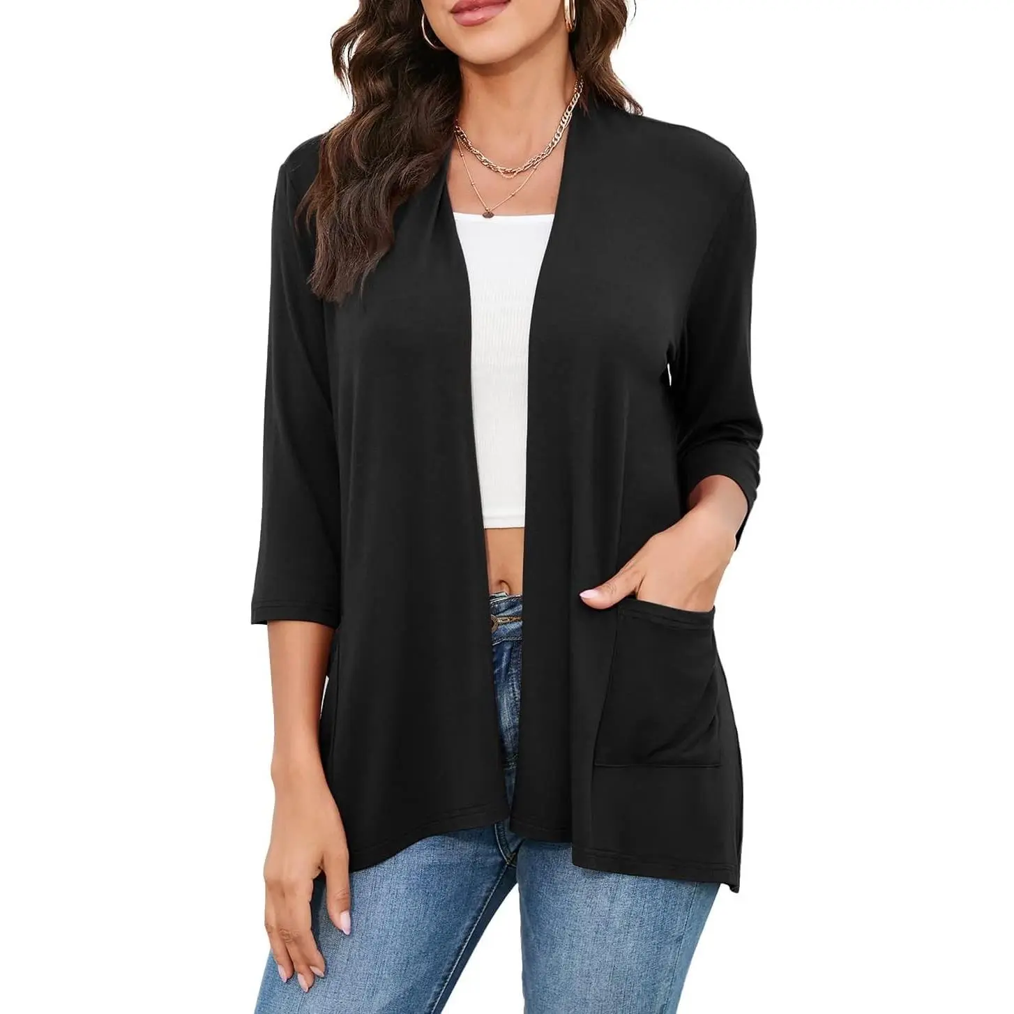 Women's Casual Lightweight Cardigans with Pockets 3/4 Sleeve Open Front DustersGift