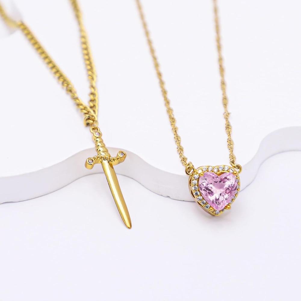 Romantic Sword Pierced Heart Necklace - Gold Chain Trendy Jewelry with Red Crystal Pendant, Perfect Valentine's Day Gift for Best Friend or Lover